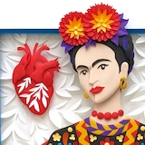 A close-up image of a paper-cut portrait of Frida Kahlo, styled as a playing card Queen of Hearts.
