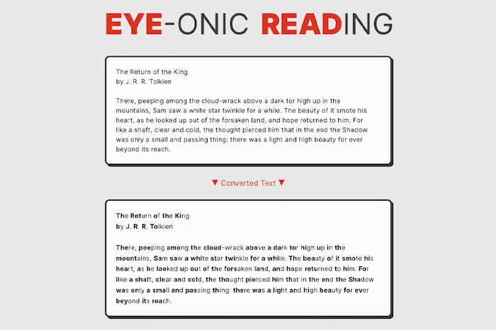 A text formatting app for reading enhancement, wherein fixation points of words are boldened.