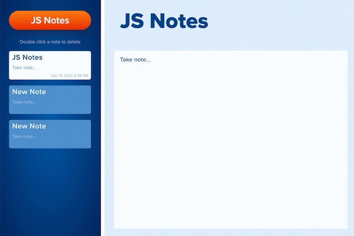 A JavaScript note writing app with a left sidebar. Main content on the right side depicts the body of note.