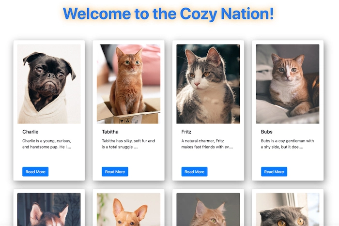 A pet adoption-themed website featuring adorable dogs, cats, birds, and bunnies.