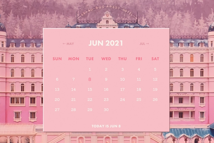 A calendar with a pink color palette, styled after the film The Grand Budapest Hotel.