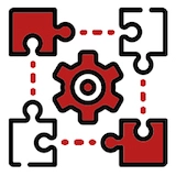 Four puzzle pieces around a gear, with dashed lines connecting the puzzle pieces.